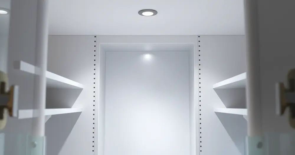 Interior de armário de cozinha vazio iluminado por lanterna, com pequena fresta visível no canto do fundo