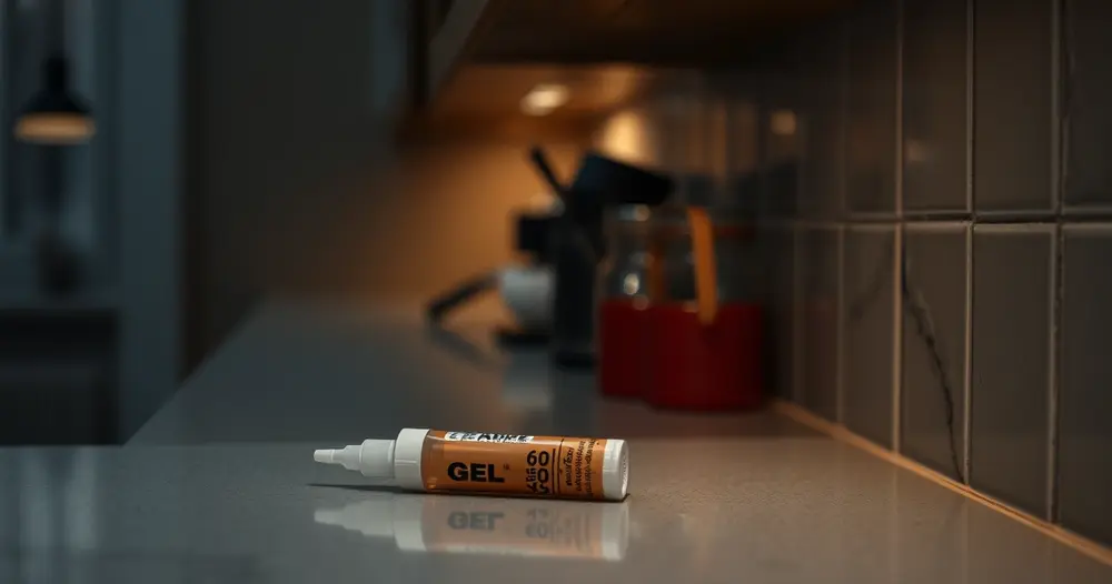 Canto de bancada de cozinha à noite com aplicador de gel apoiado próximo a uma fresta na parede