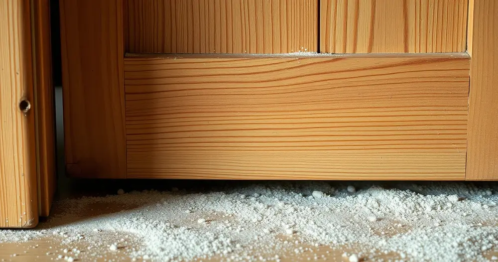 Batente de porta de madeira com pequenos furos visíveis e pó fino acumulado no piso abaixo