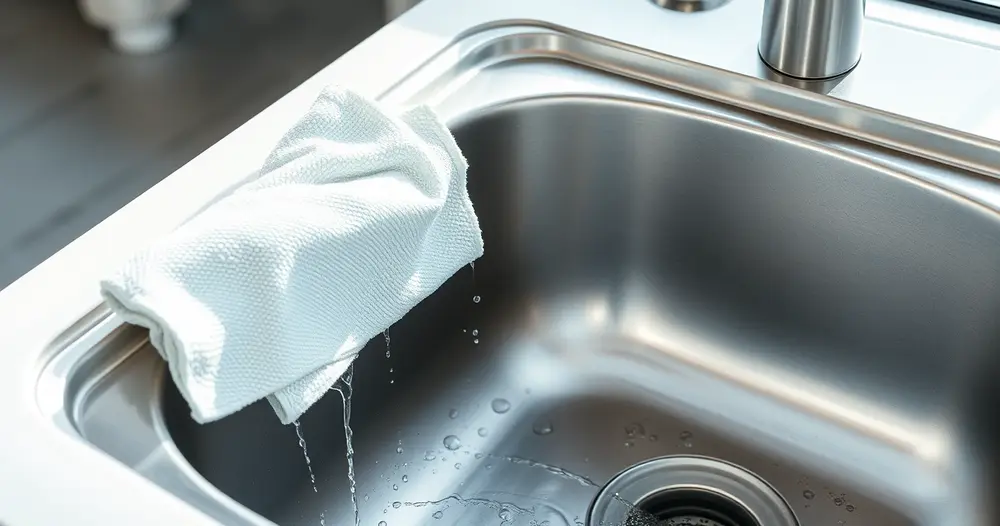 Pia de cozinha em aço inox sendo passada com pano de microfibra, com gotas de água e reflexos