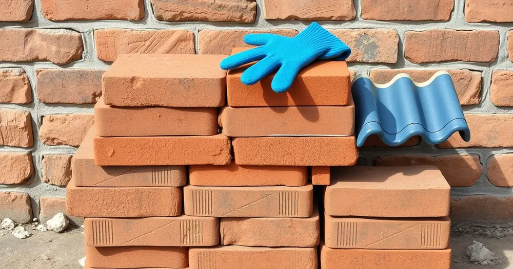 Pilha de tijolos e telhas encostada em muro externo com luvas de proteção apoiadas em cima