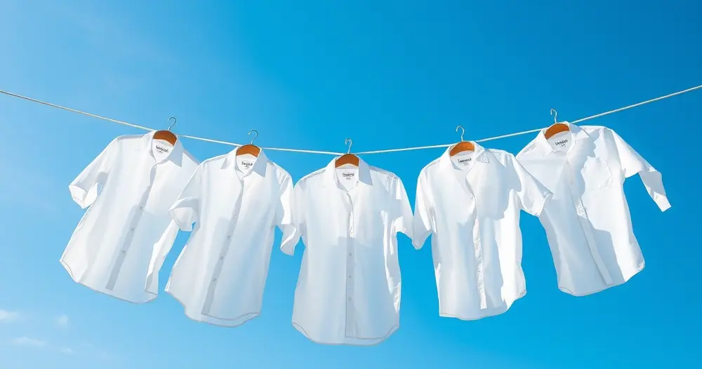 Camisas brancas penduradas em varal sob sol forte contra céu azul