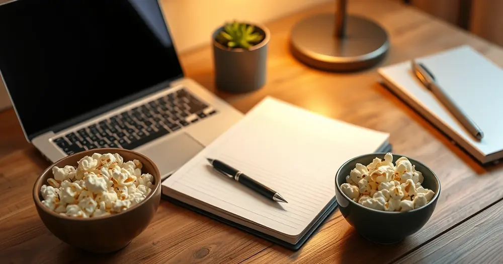 caderno e caneta ao lado de notebook e pipoca sobre a mesa
