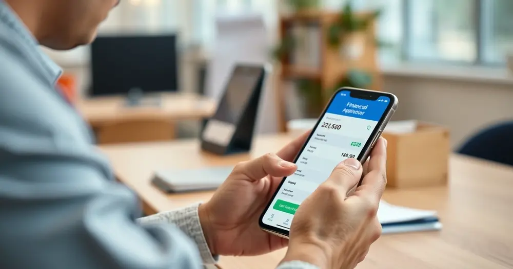 pessoa consultando aplicativo financeiro no celular em ambiente de trabalho