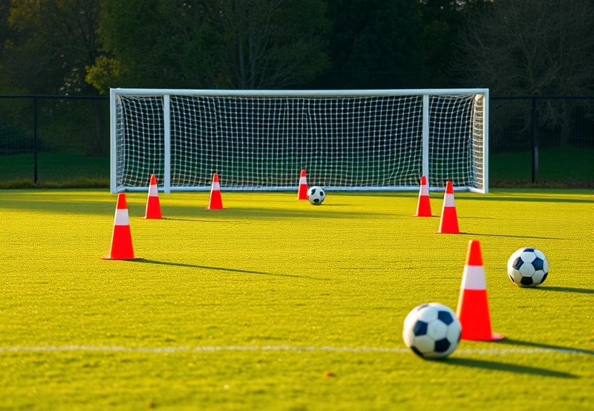 Campo de treino de futebol pela manhã, com cones e bolas na grama