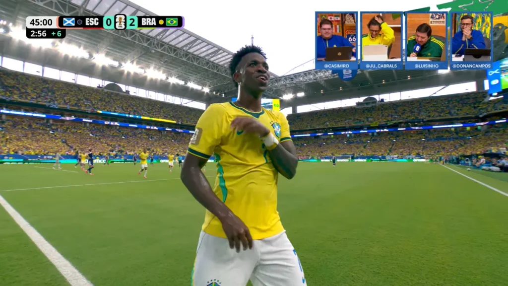 Vini Jr. marca de cabeça e amplia vantagem do Brasil contra Escócia