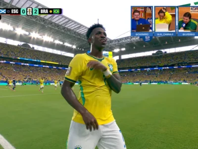 Vini Jr. marca de cabeça e amplia vantagem do Brasil contra Escócia