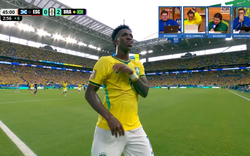Vini Jr. marca de cabeça e amplia vantagem do Brasil contra Escócia