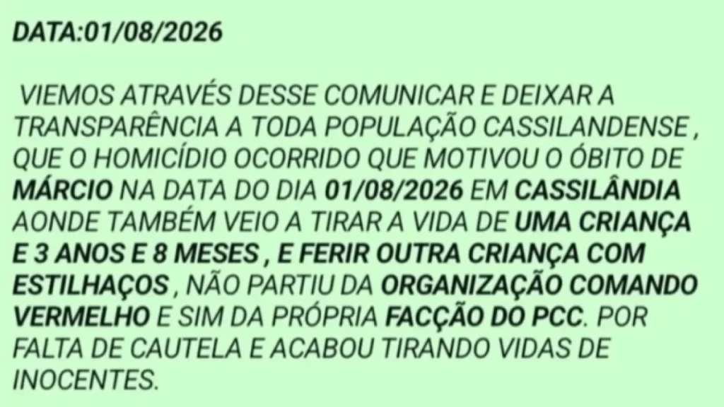 Comando Vermelho nega execução e culpa PCC em Cassilândia